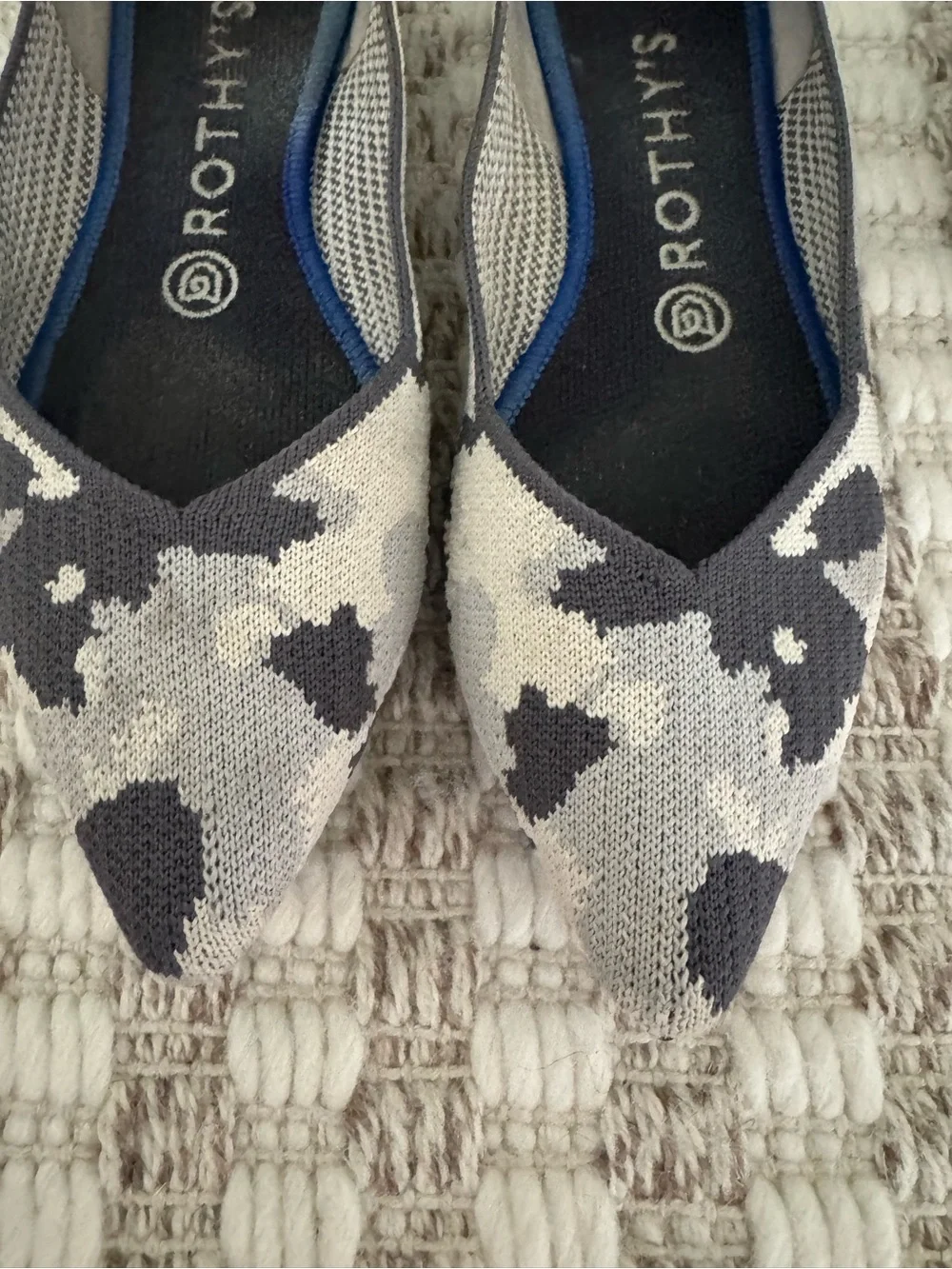 Rothy's Pointed Slip-On Flats in Gray Camo with Blue Trim